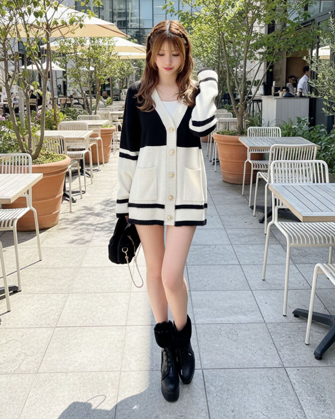 バイカラーシャギーラインカーディガン ブラック | ファッション通販