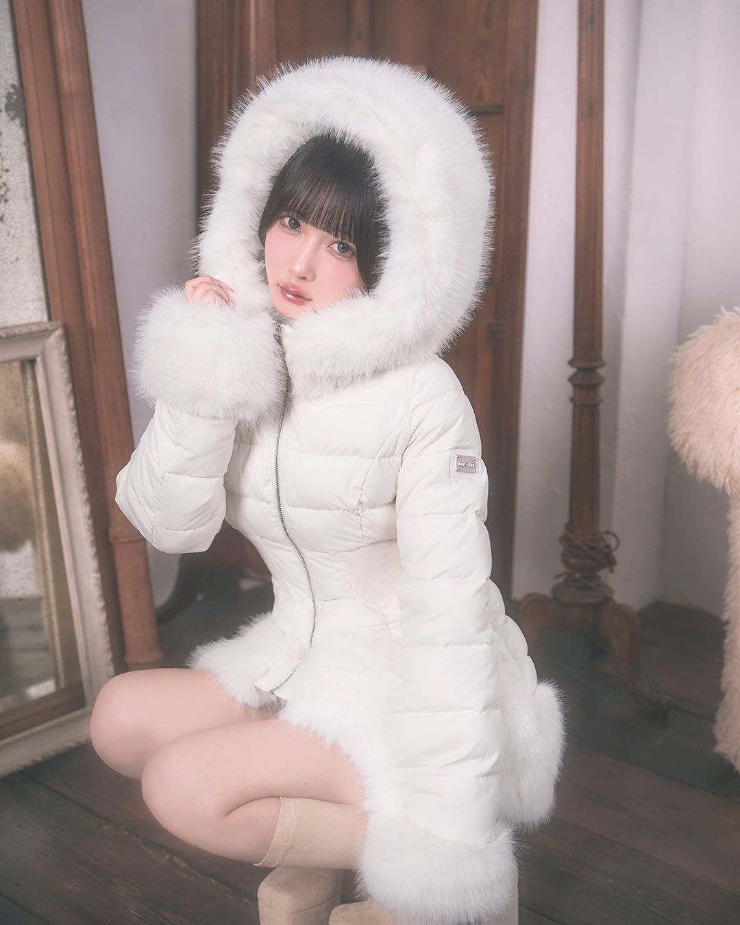 美くびれフェイクファーダウンコート ホワイト | ファッション通販