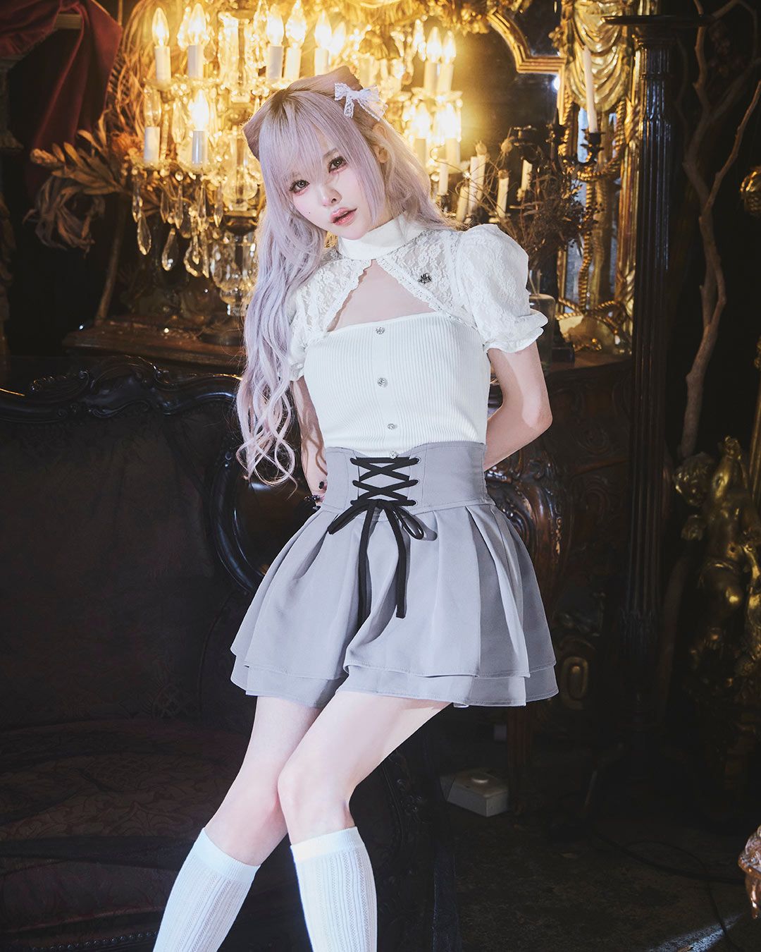 モワティエ　編み上げスカート Mew 編み上げ スカート 編み上げ美脚スカート グレー ファッション通販