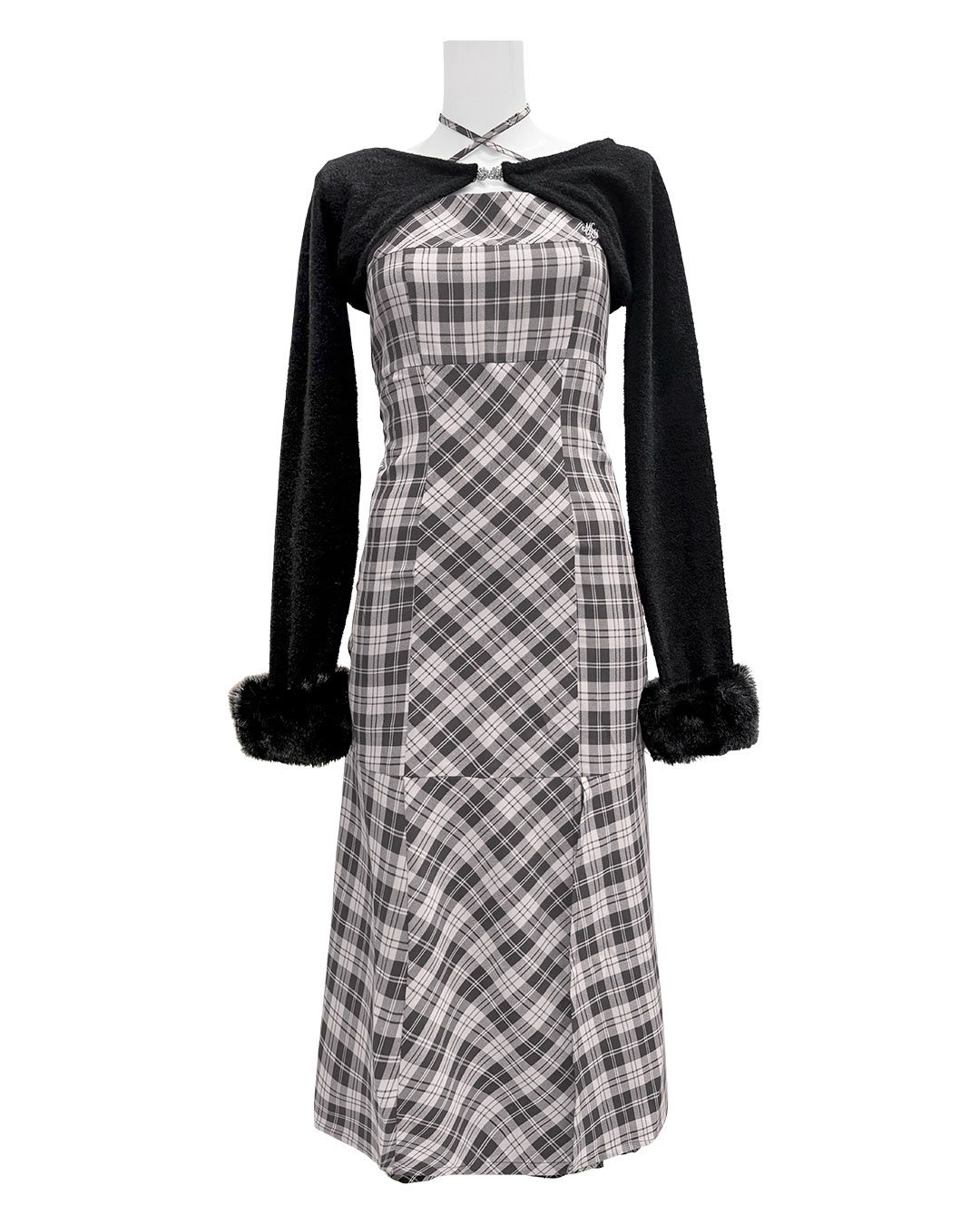 ボレロチェックロングワンピース ブラウン | ファッション通販