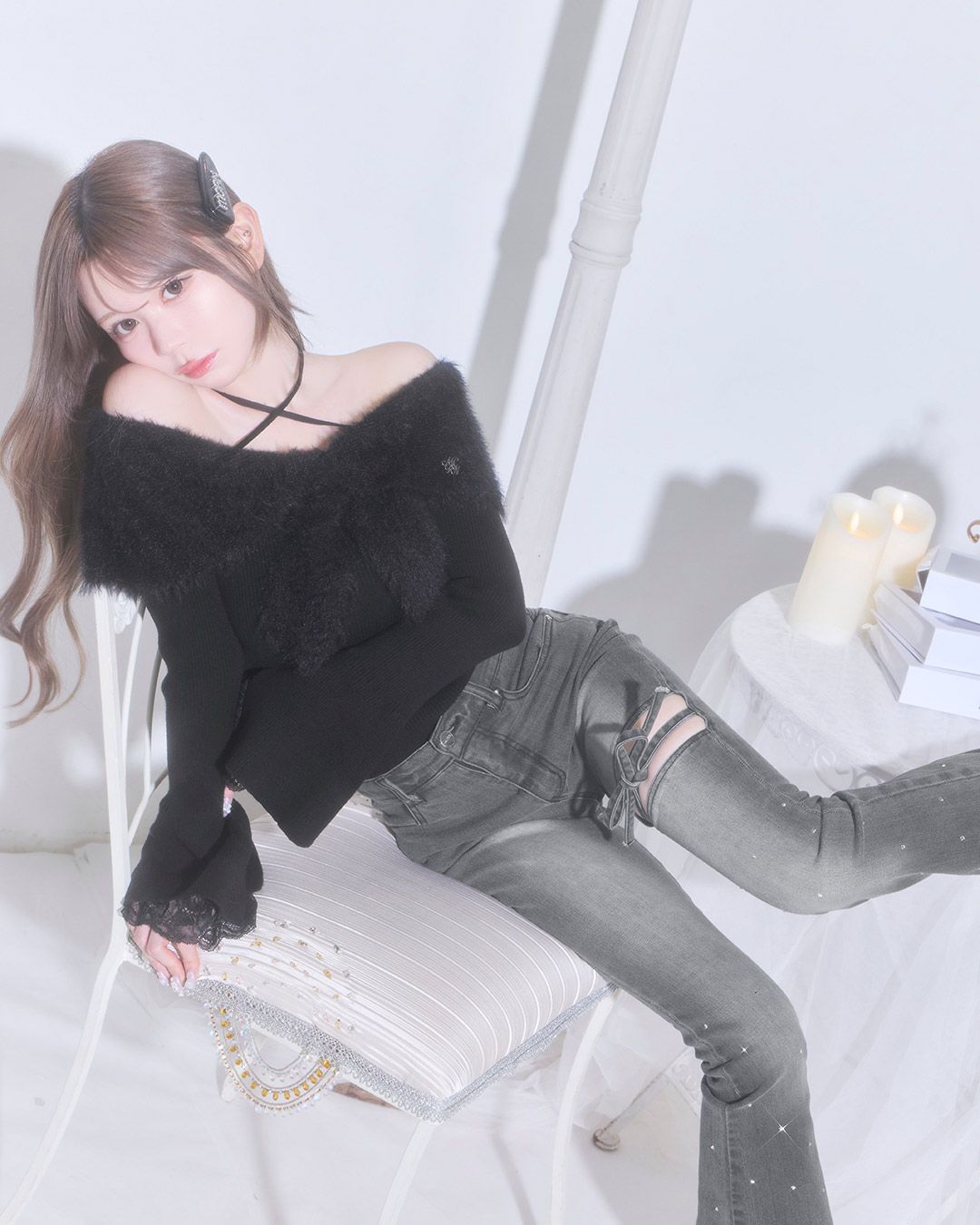 5kg美脚デニム（ビジューリボン） グレー | ファッション通販