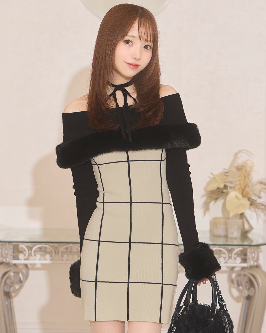 ミシェルマカロン フェザーオフショルチェックワンピース フェザーオフショルチェックワンピース ブラック | ファッション通販