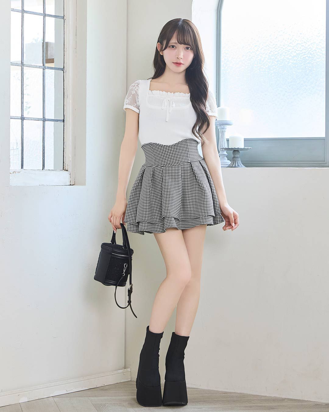 美脚になれるスカート♥千鳥柄(インナーパンツ付き) ブラック