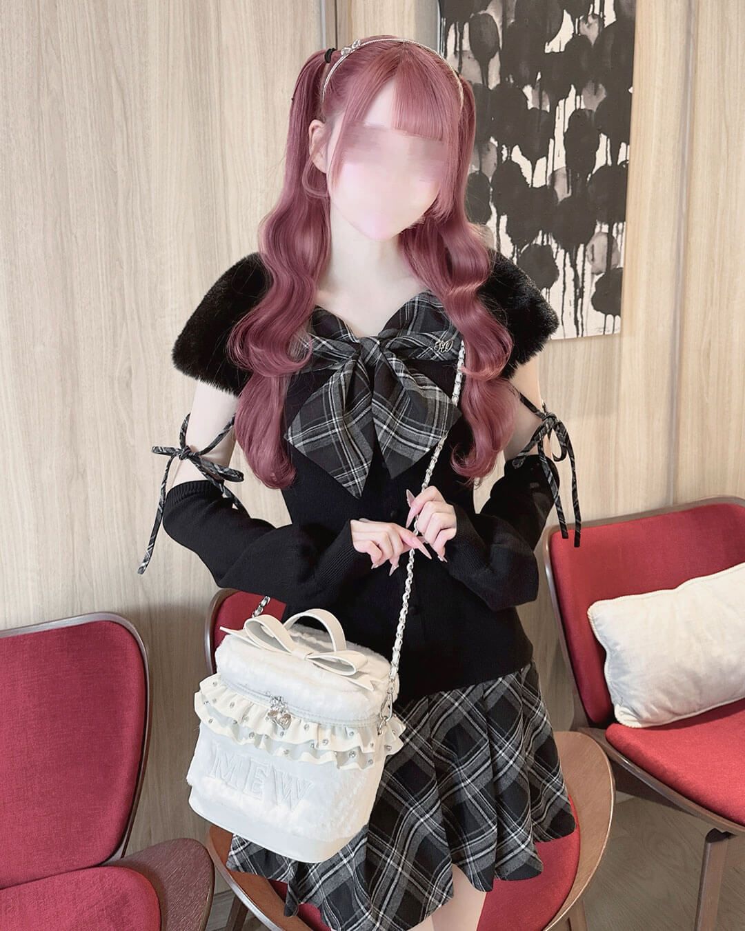 ビッグリボンファーバニティショルダー ピンク×ブラック
