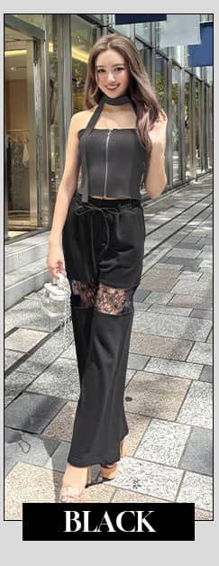 レースラインワイドパンツ ブラック | ファッション通販