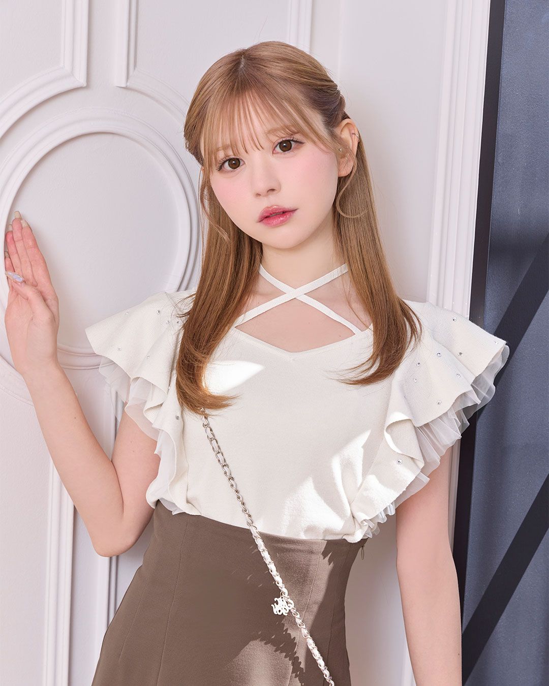 ビジューフリルニットトップス アイボリー | ファッション通販