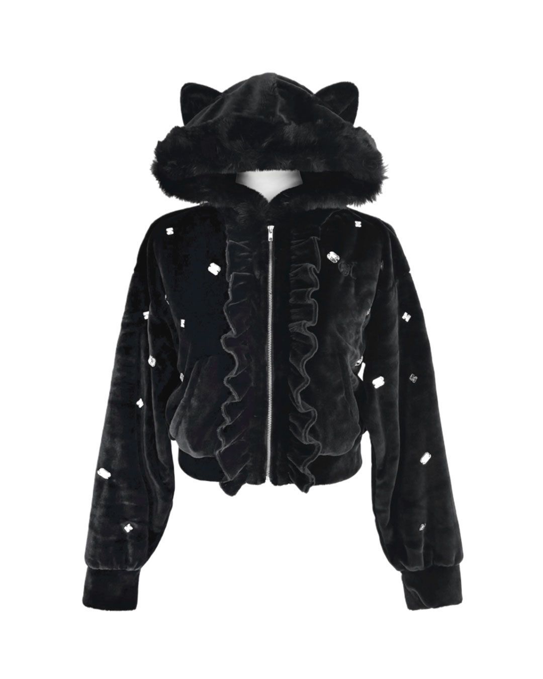 ビジュー付き猫耳もこもこパーカー ピンク | ファッション通販