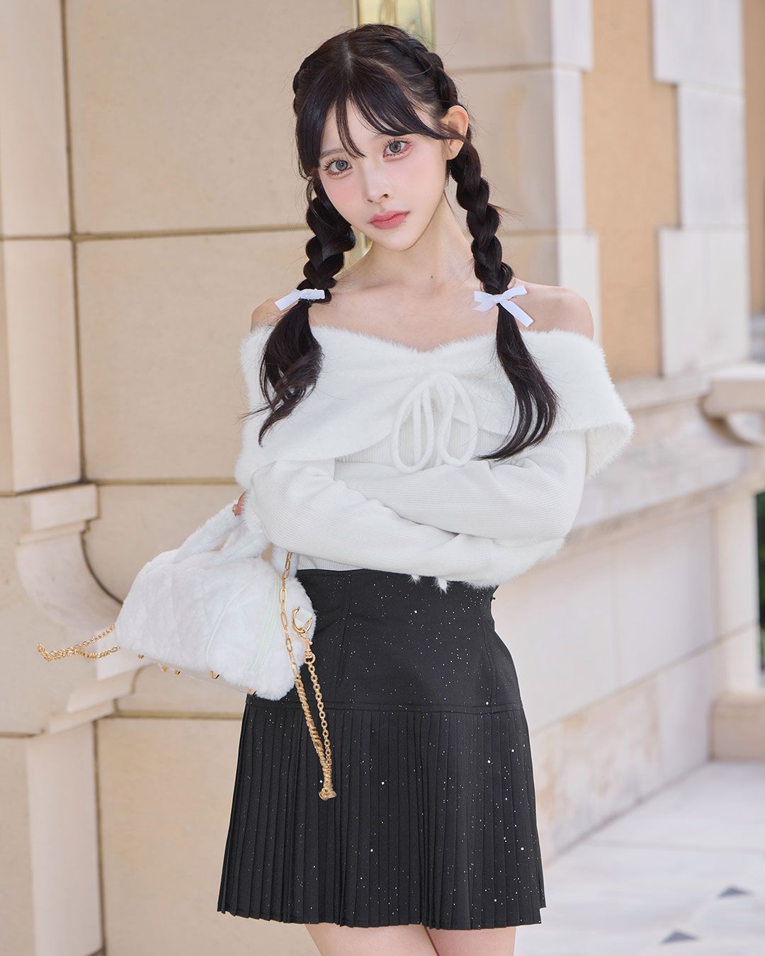 オフショルリボンシャギーニットトップス ブラック | ファッション通販