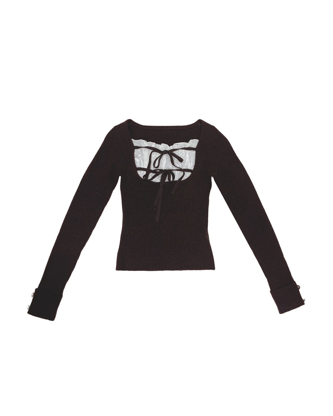 フリルリボンリブトップス ブラウン | ファッション通販