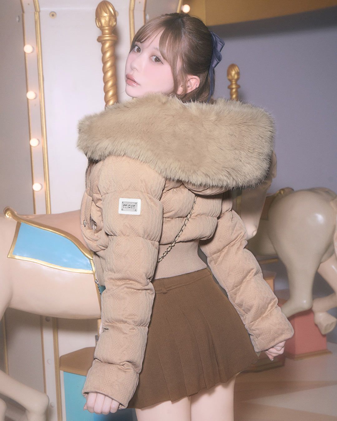 ファーフードケーブル柄ショートダウン ベージュ | ファッション通販