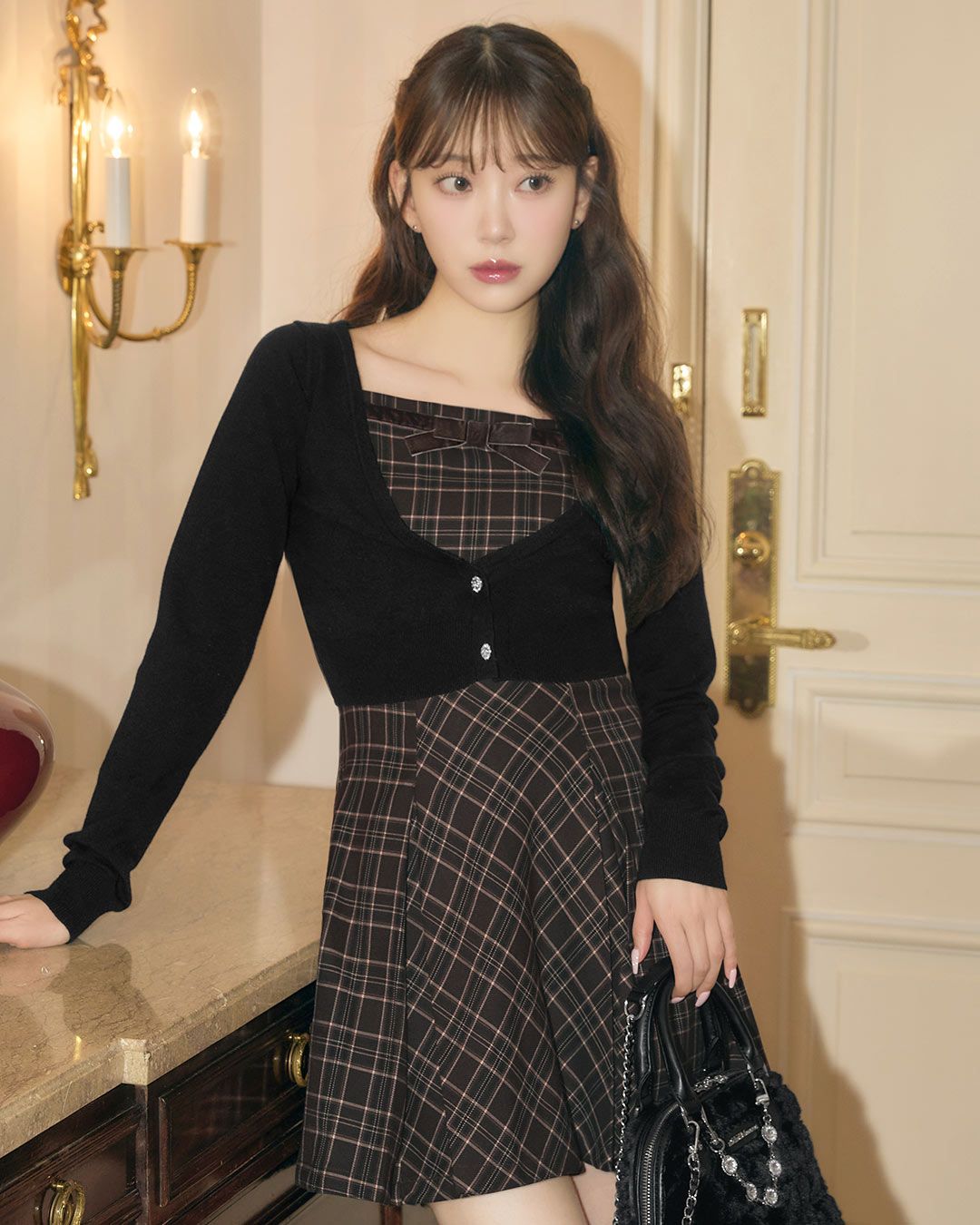 ランダムチェックアンサンブルワンピ ブラウン | ファッション