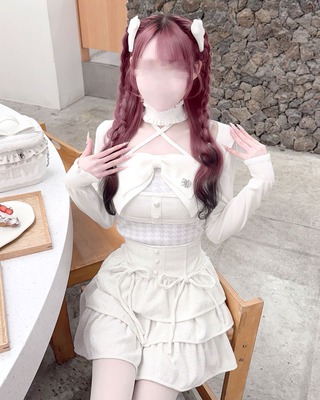 チョーカー付きビッグリボンアンサンブルトップス サックスブルー