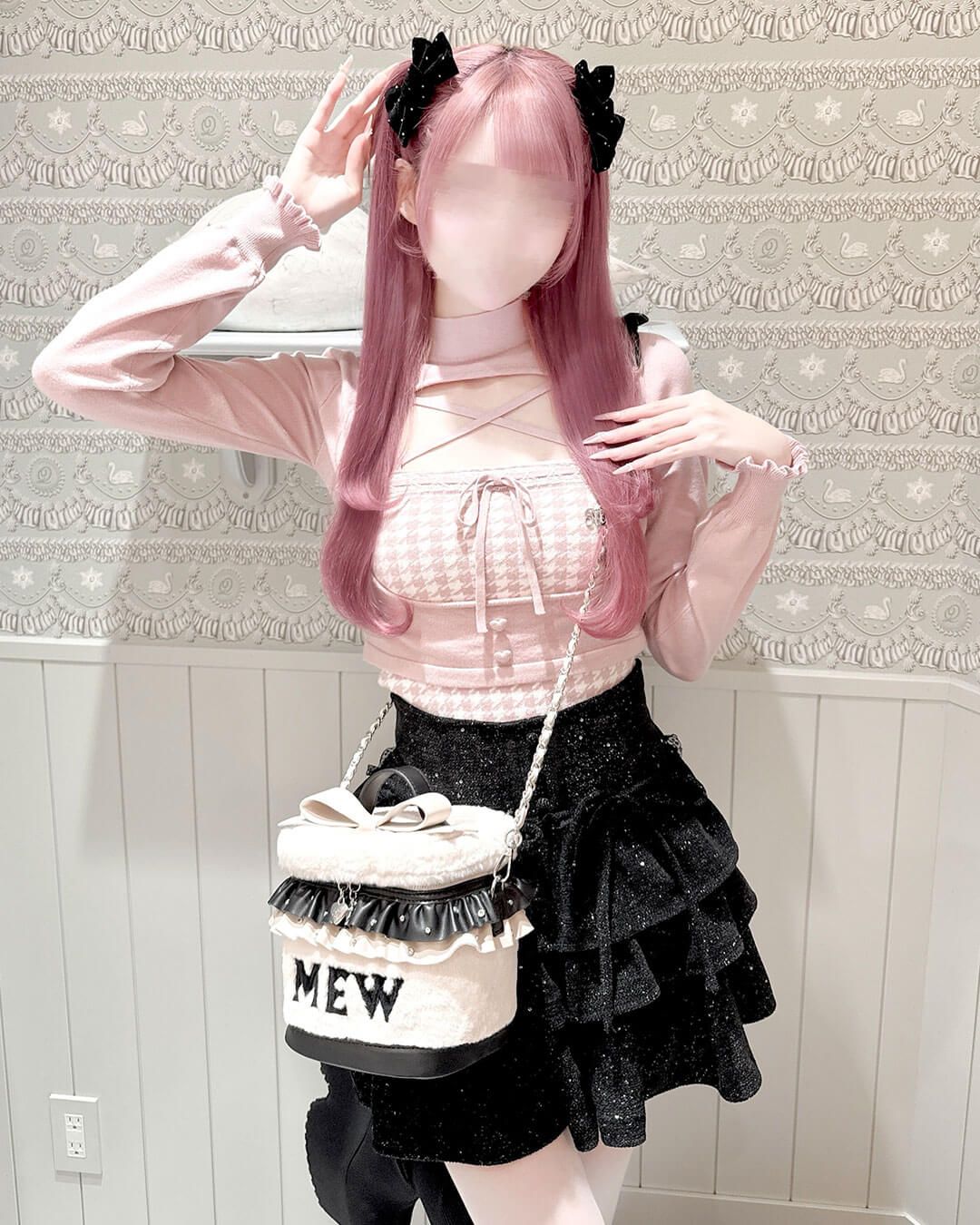 千鳥柄ハイネックアンサンブルトップス ブラック | ファッション通販