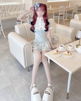 レースアップブラウスドッキングニットワンピース シエルブルー