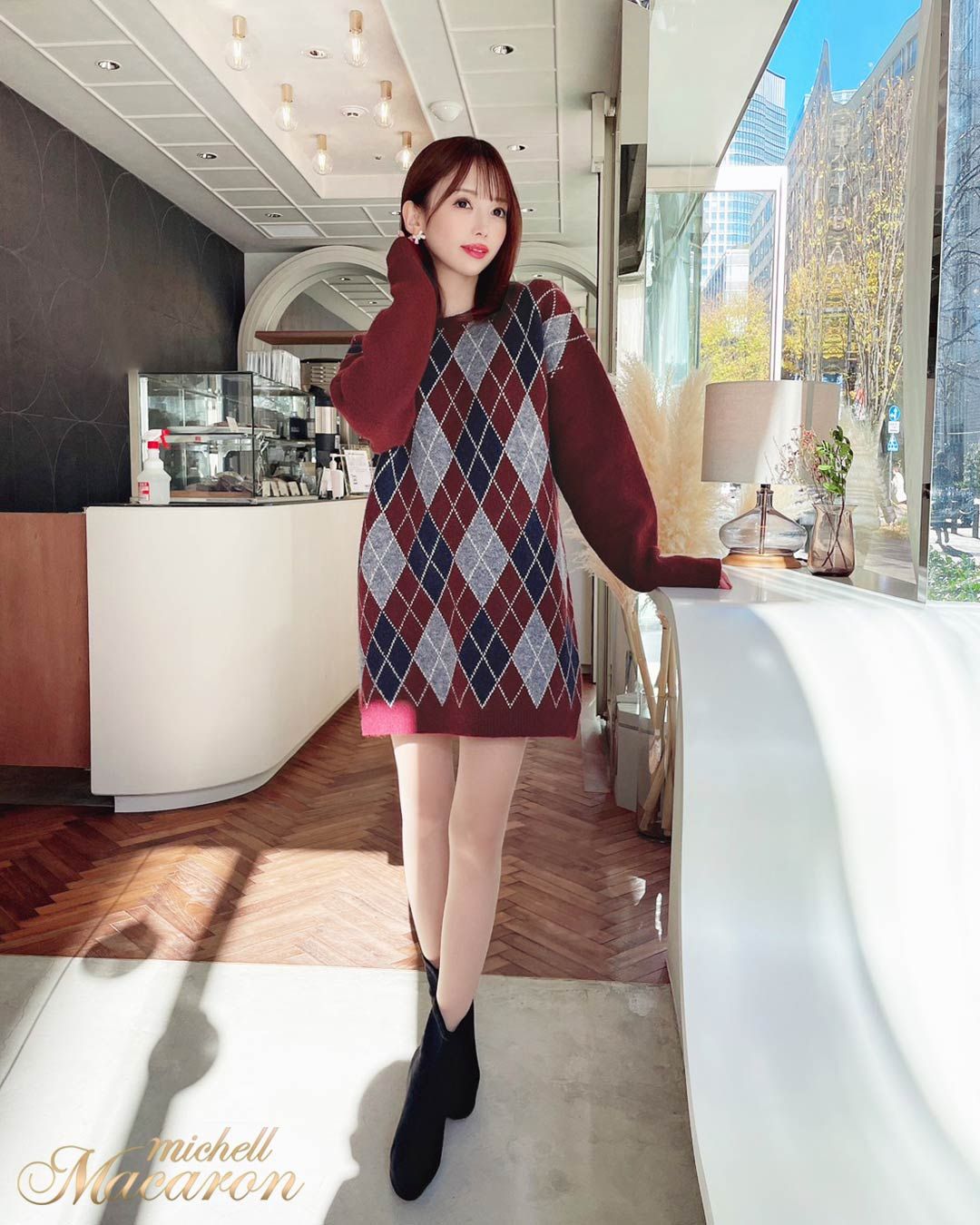 PAULE KA ポールカ●秋冬ボルドーのニットワンピースL●コートセットアップ アーガイルニットワンピース ボルドー | ファッション通販