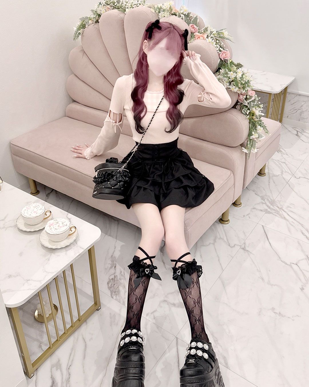 リボンスリットギンガムアンサンブルトップス HONEYMEW リボンスリットギンガムアンサンブルトップス ブラック | ファッション