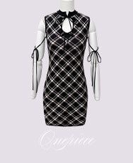 SJJ0392Cオープンリボンチェックノースリワンピ