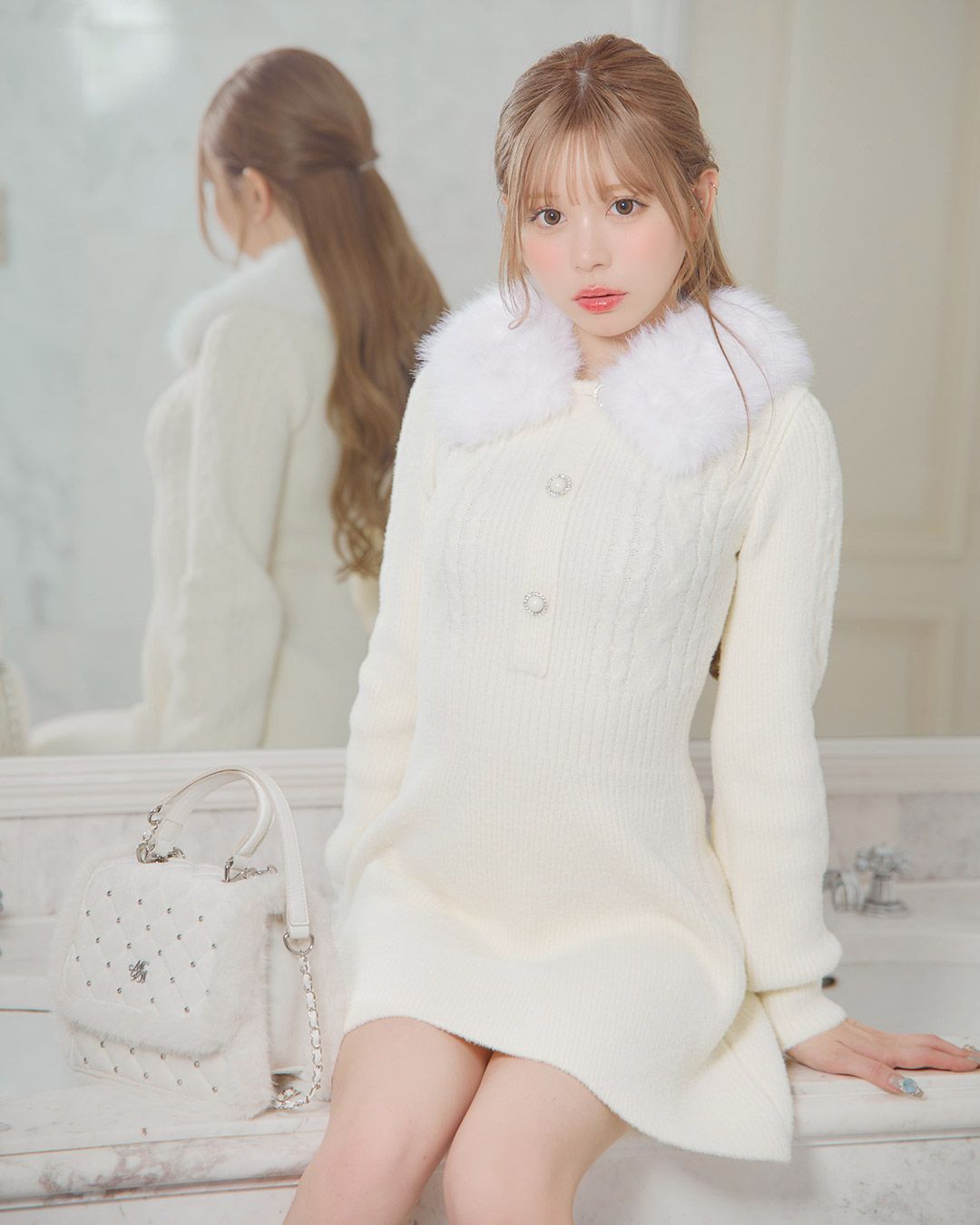 ファーカラーニットワンピース アイボリー | ファッション通販