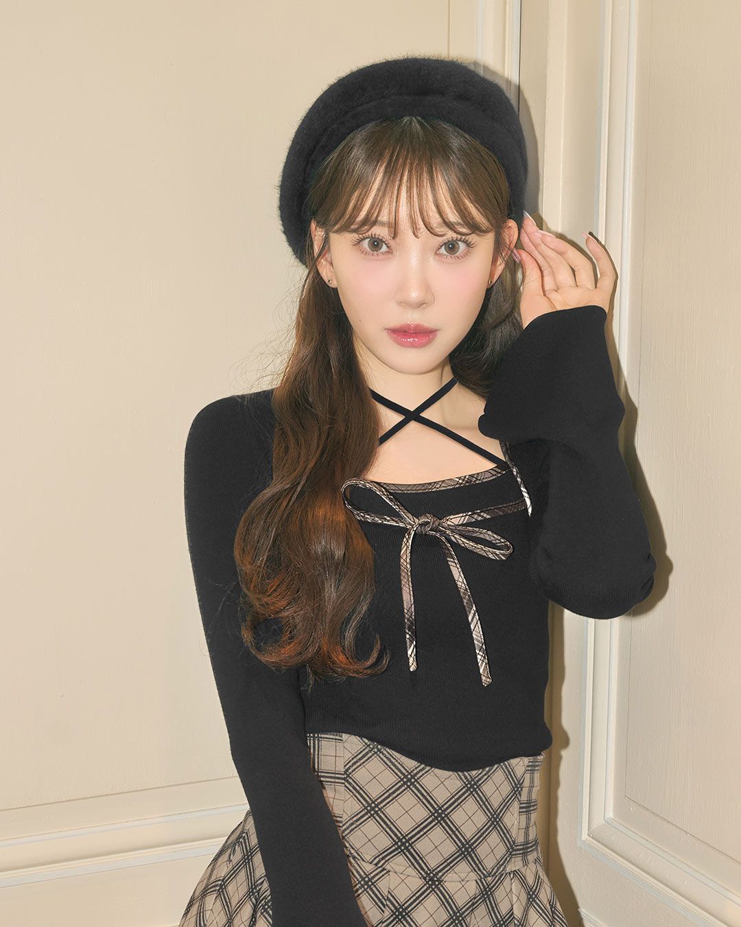 チェックパイピングリボンニットトップス ブラック | ファッション通販