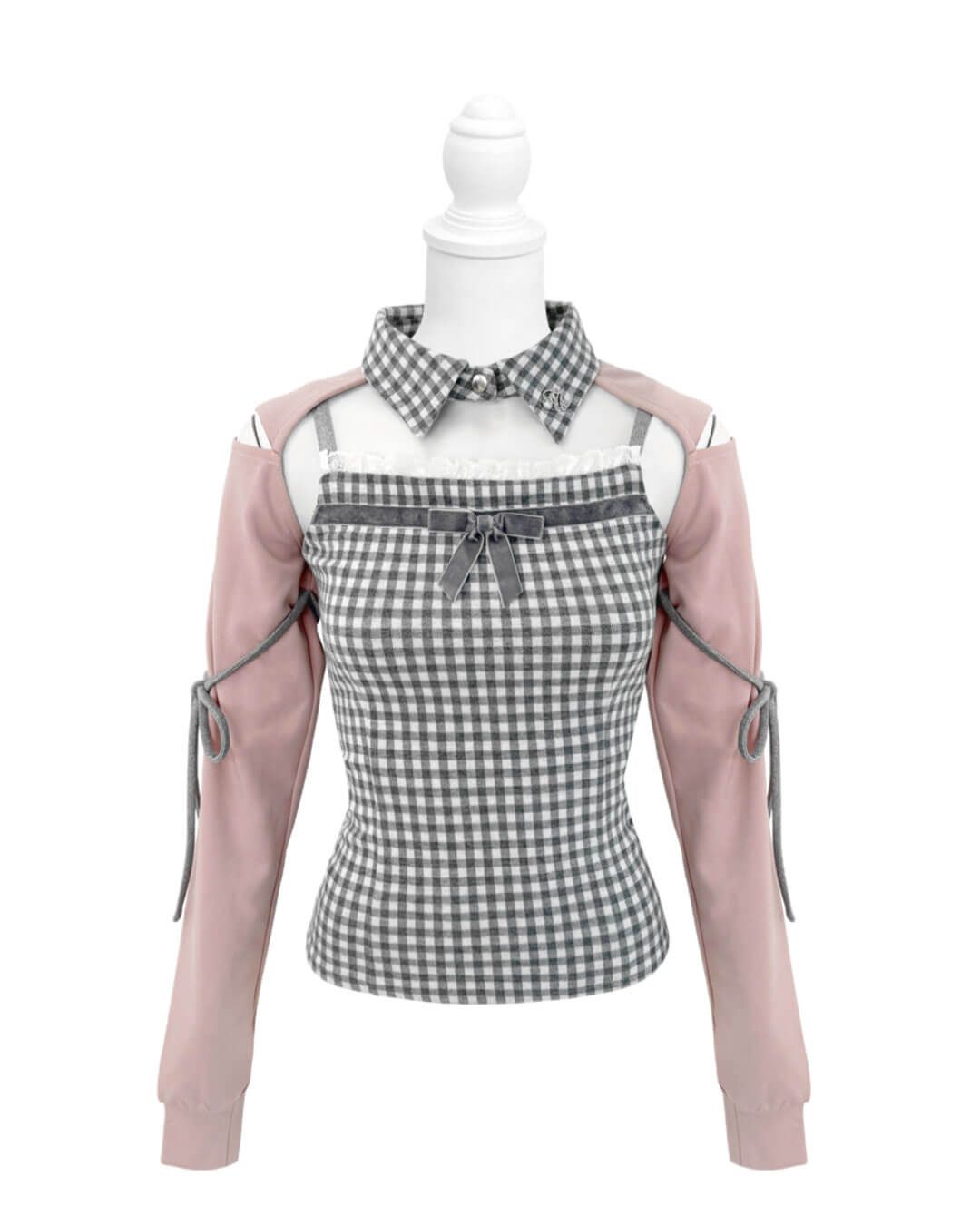 リボンスリットギンガムアンサンブルトップス ブラック | ファッション