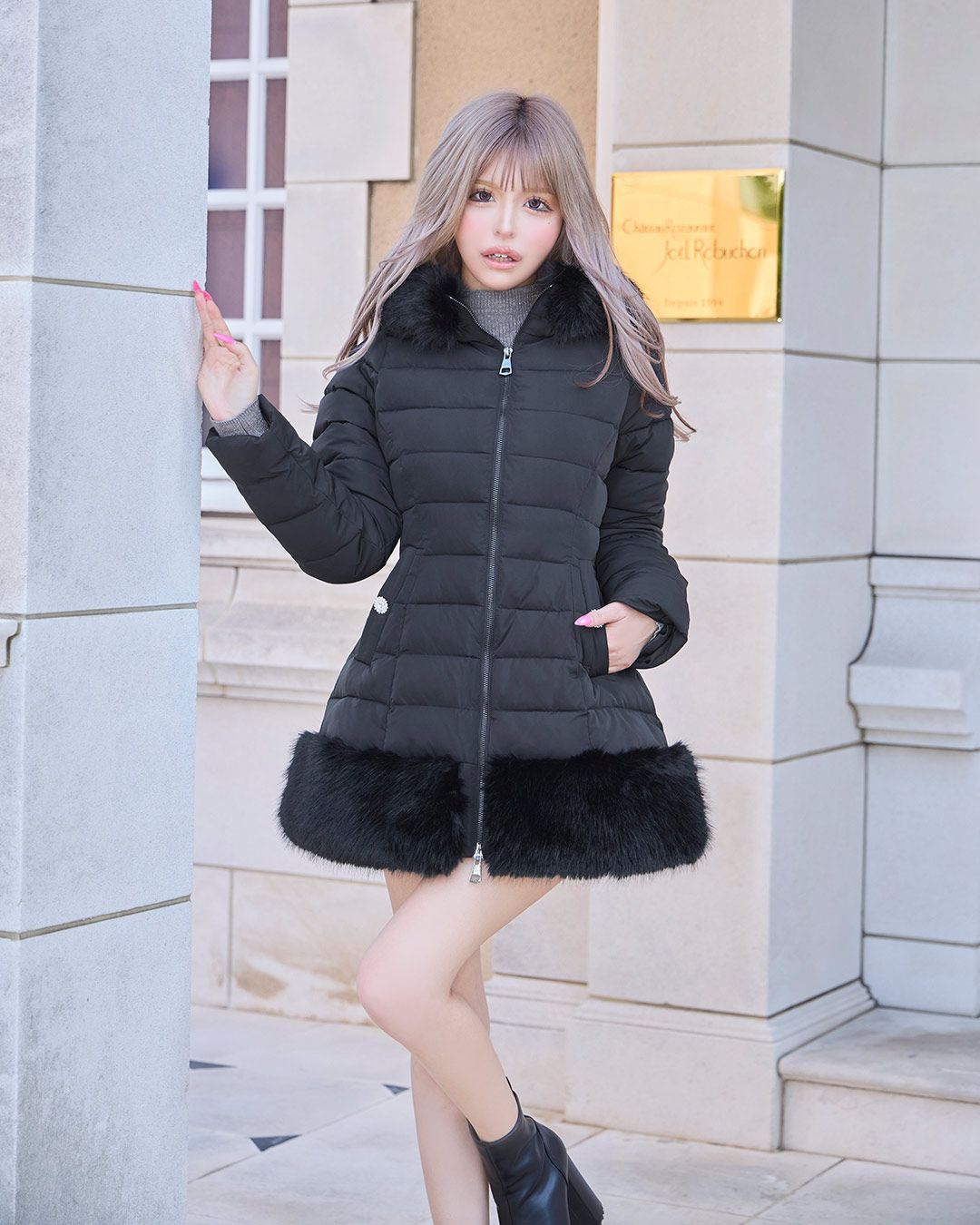 ファーフーディくびれファイバーダウン ブラック | ファッション通販