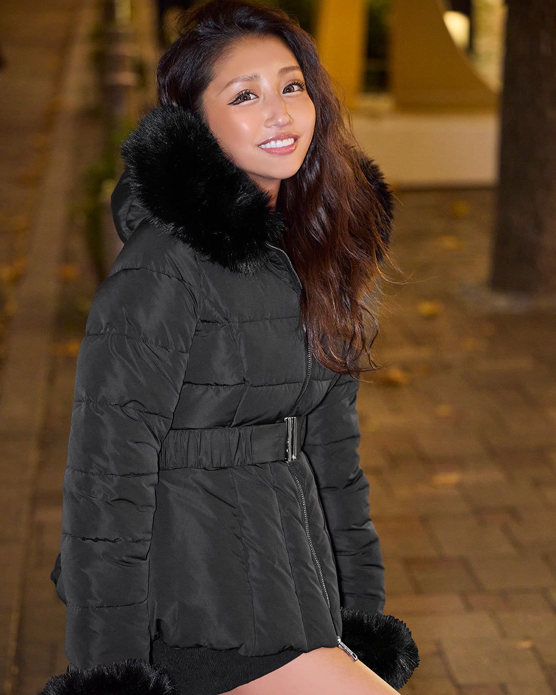 ファーフーディファイバーダウンショートコート ブラック