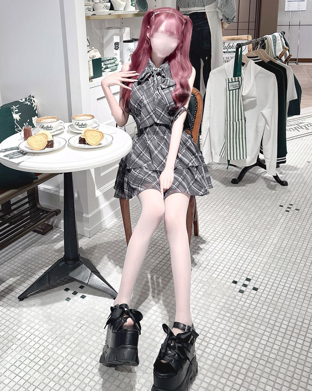 HONEYMEW ノースリーブチェックシフォンワンピース ブラック XS ノースリーブチェックシフォンワンピース ブラック | ファッション通販