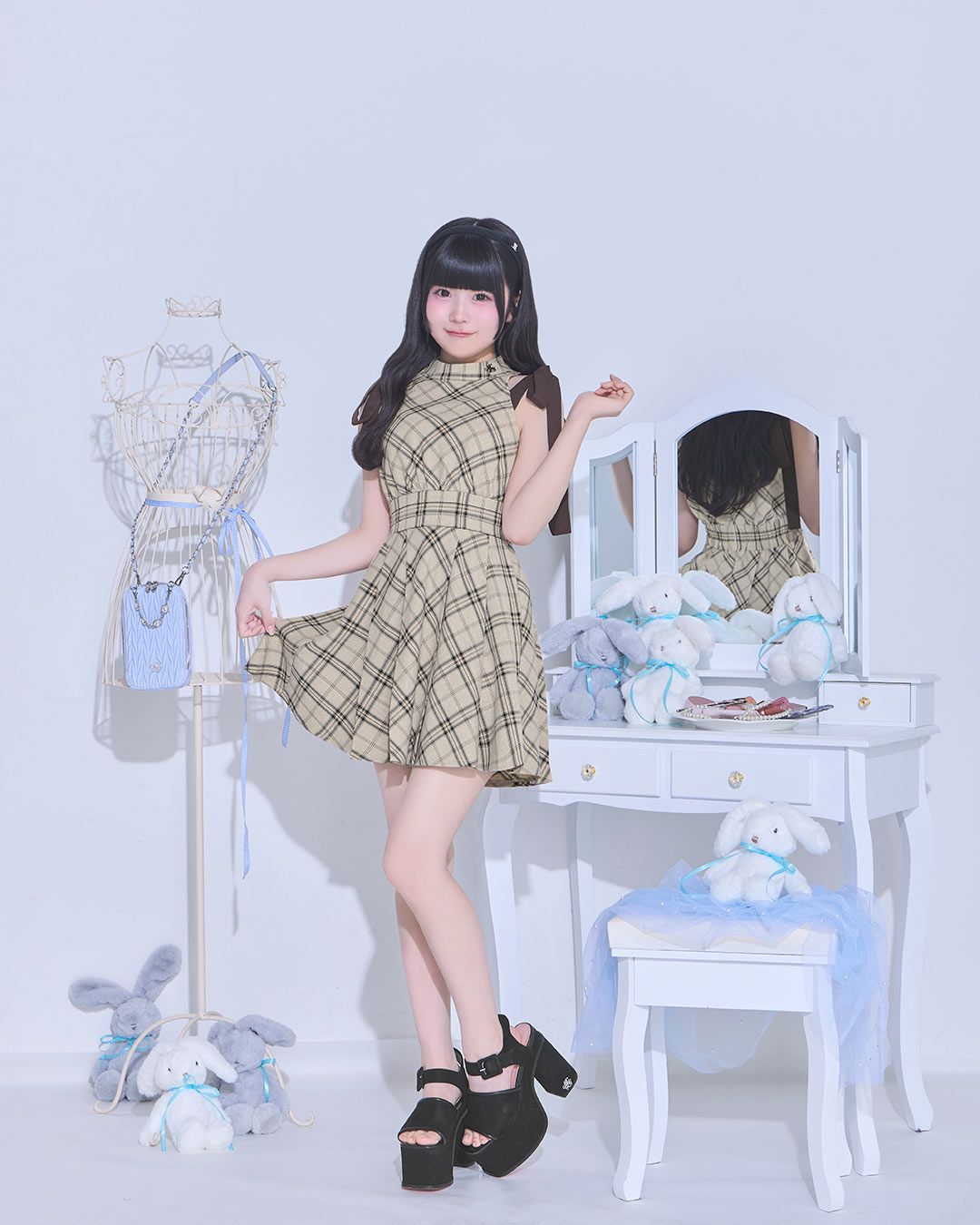 リボンショルダーチェックフレアワンピ ベージュ | ファッション通販
