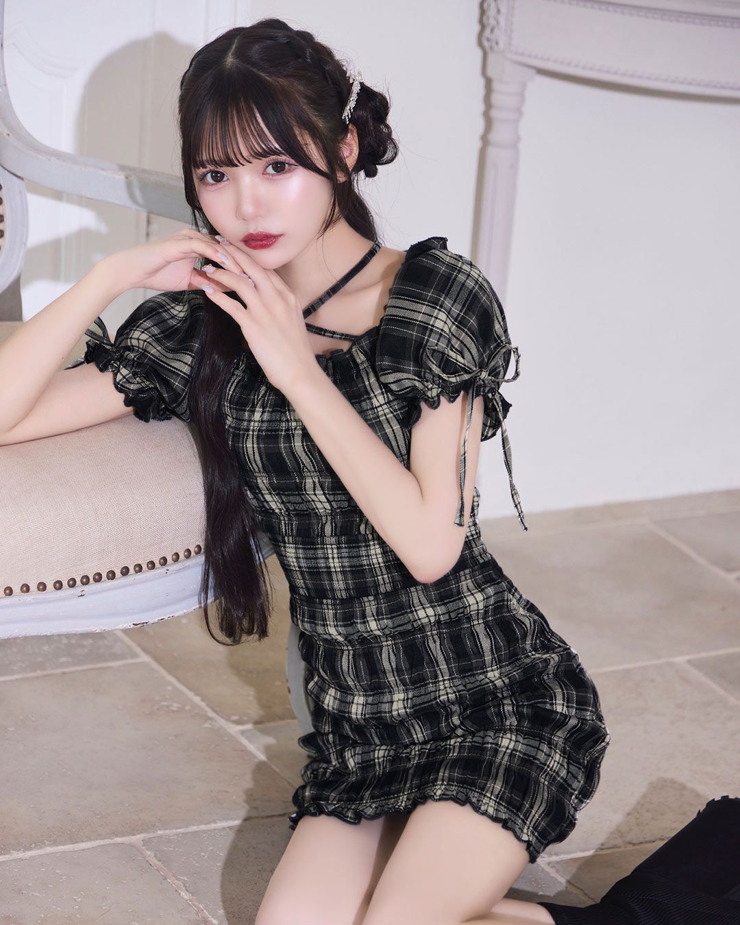 ミシェルマカロン シャーリングチェックミニワンピース シャーリングチェックミニワンピース ブラウン | ファッション