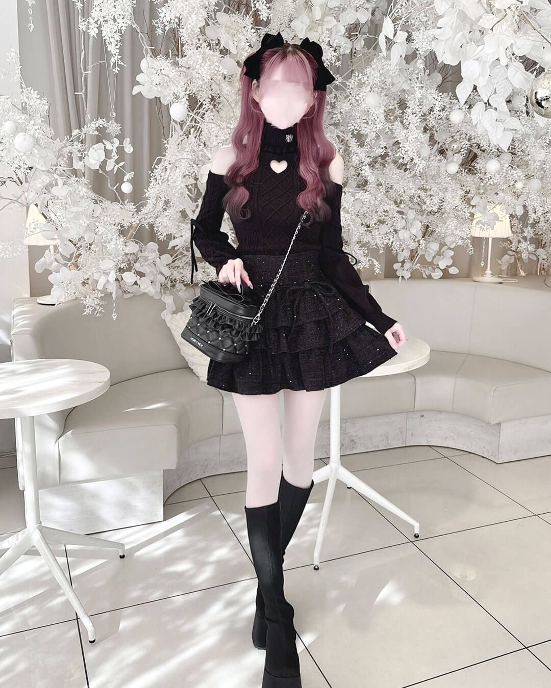 ハートカット肩あきケーブルニット ブラック | ファッション通販