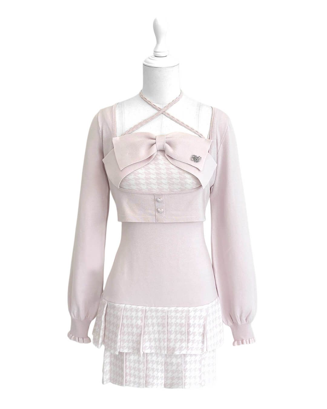 HONEYMEW ハニーミュウ ビッグリボン千鳥プリーツアンサンブルワンピース ビッグリボン千鳥プリーツアンサンブルワンピース ブラック