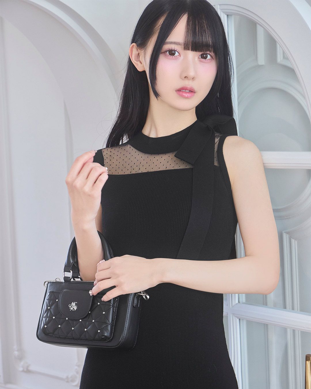 アシンメトリーリボンニットワンピース ブラック | ファッション