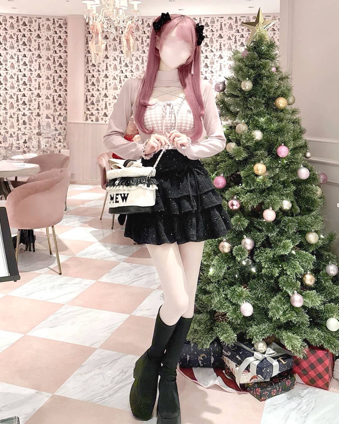 HONEY MEW 千鳥柄ハイネックアンサンブルトップス ブラック ハニーミュウ 千鳥柄ハイネックアンサンブルトップス ハニミュ ハニー