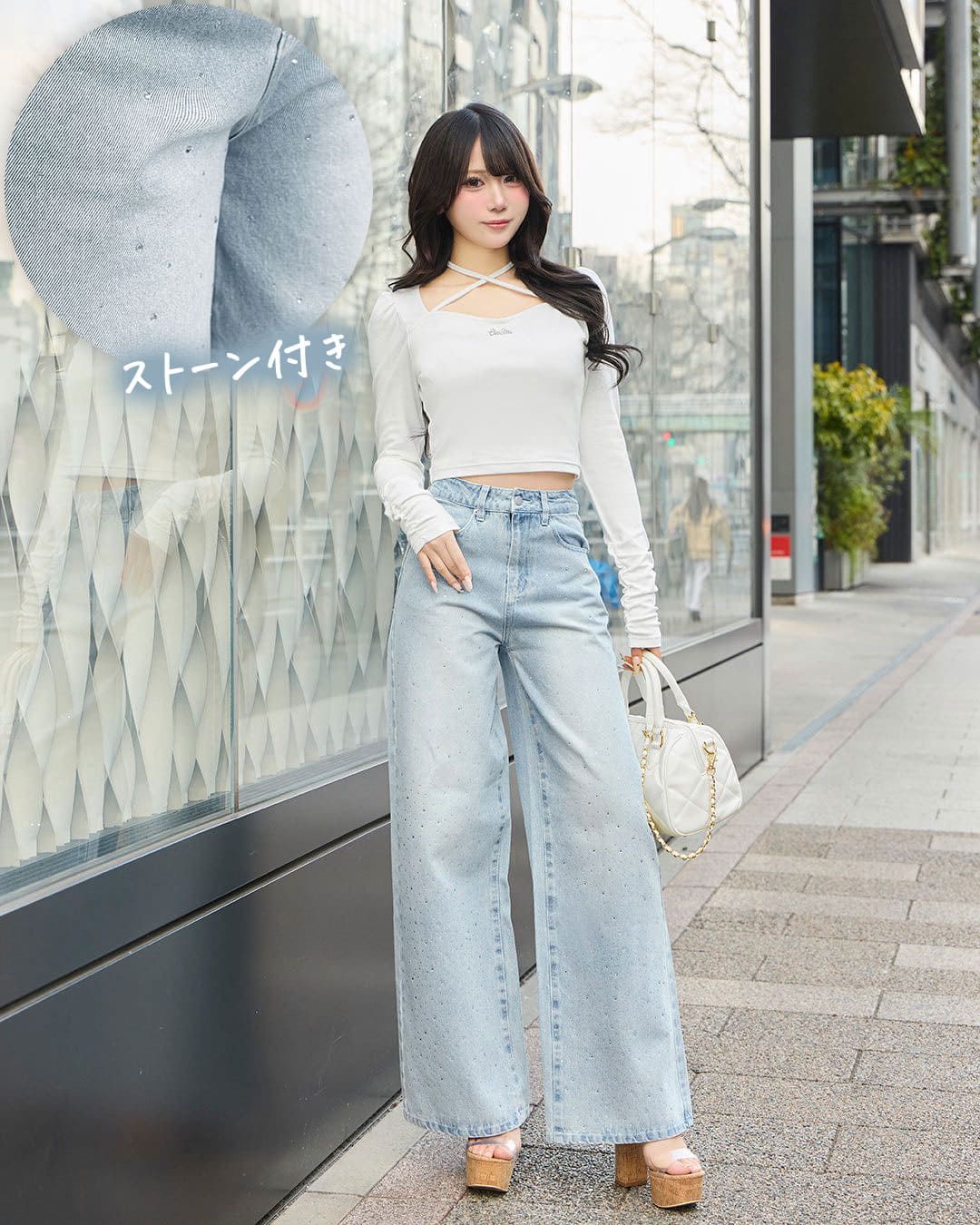 STONE  ストレートデニム ライトブルー グラデーションラインストーンデニム ライトブルー | ファッション通販