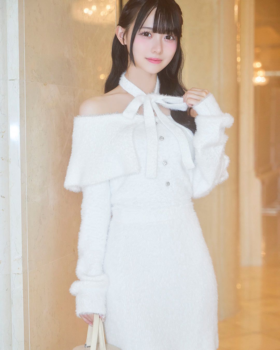 michellMacaronビッグカラーシャギーニットワンピ ミシェルマカロン ビッグカラーシャギーニットワンピ ホワイト | ファッション通販