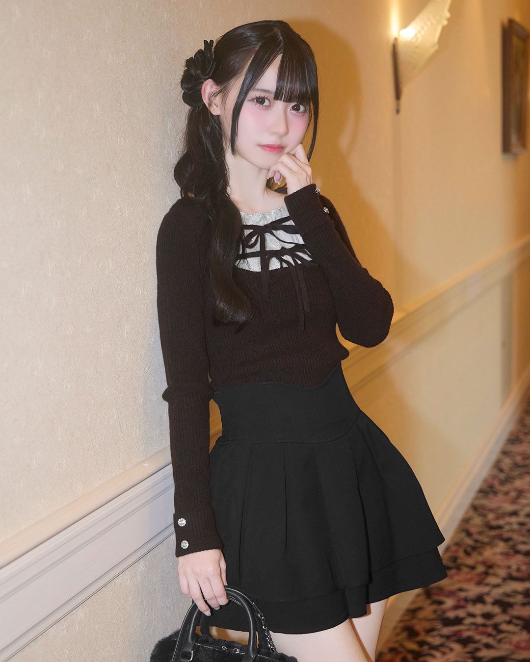 フリルリボンリブトップス ブラウン | ファッション通販＆メディア