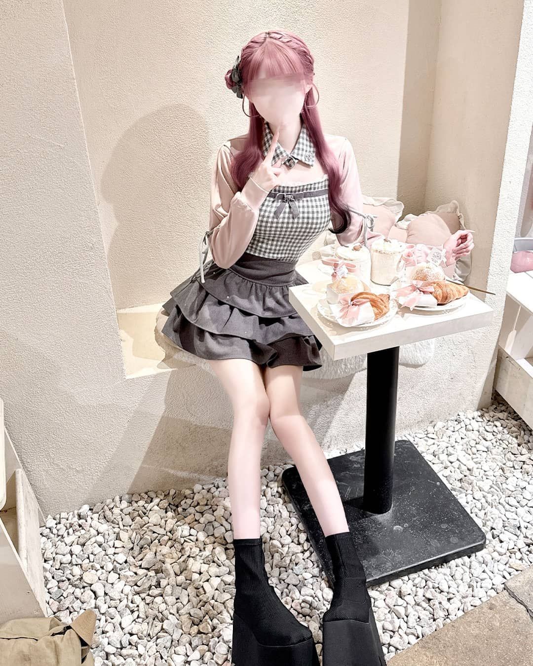 リボンスリットギンガムアンサンブルトップス ブラック | ファッション