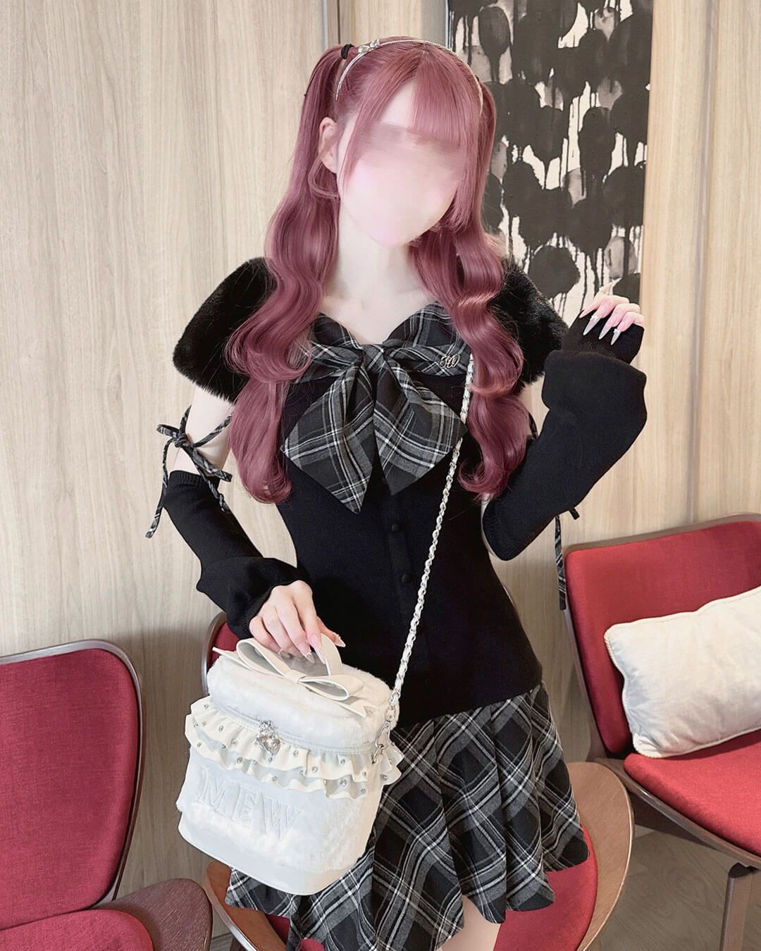 ビッグリボンファーバニティショルダー ピンク×ブラック