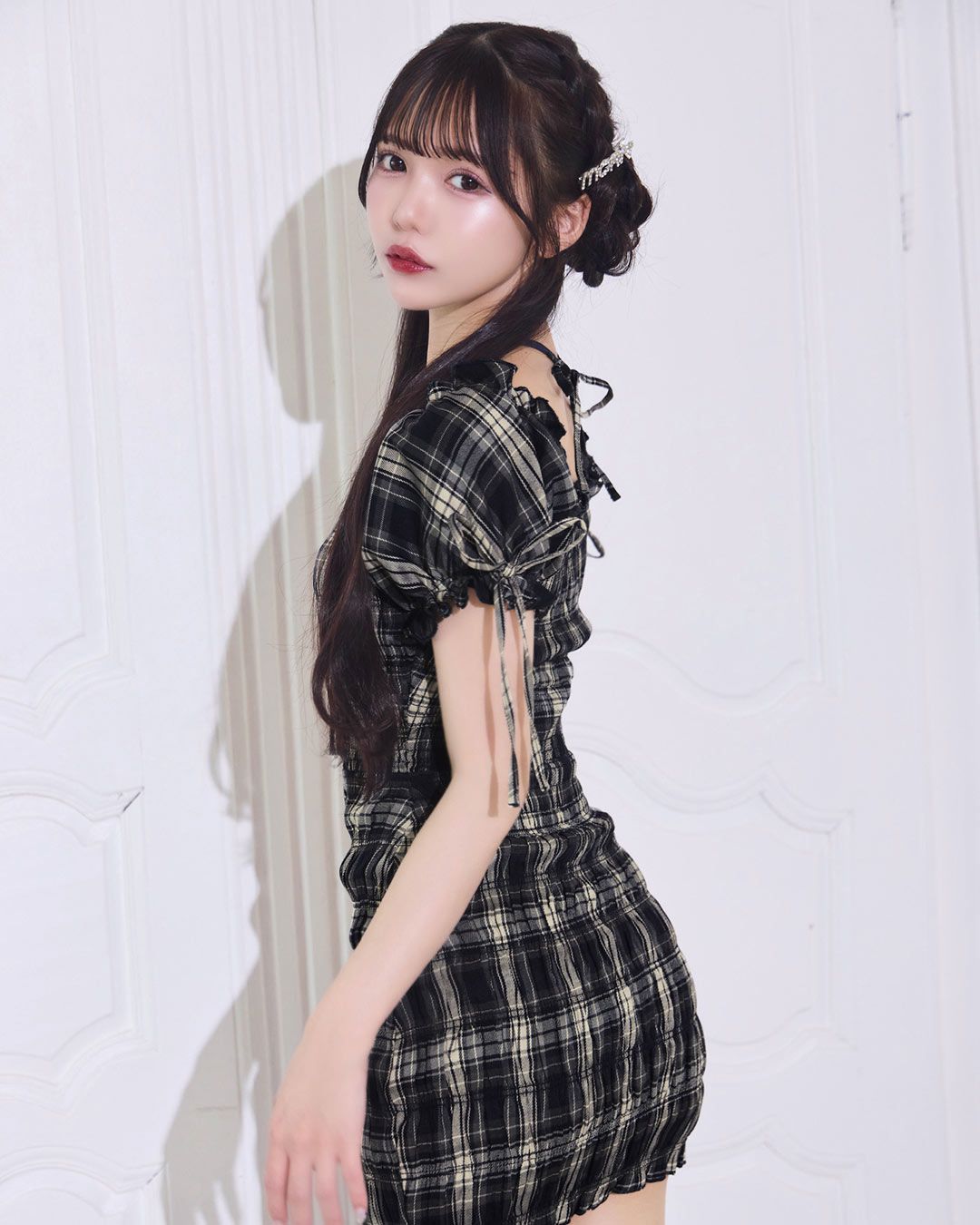 michellmacaron シャーリングチェックミニワンピース シャーリングチェックミニワンピース ブラウン | ファッション