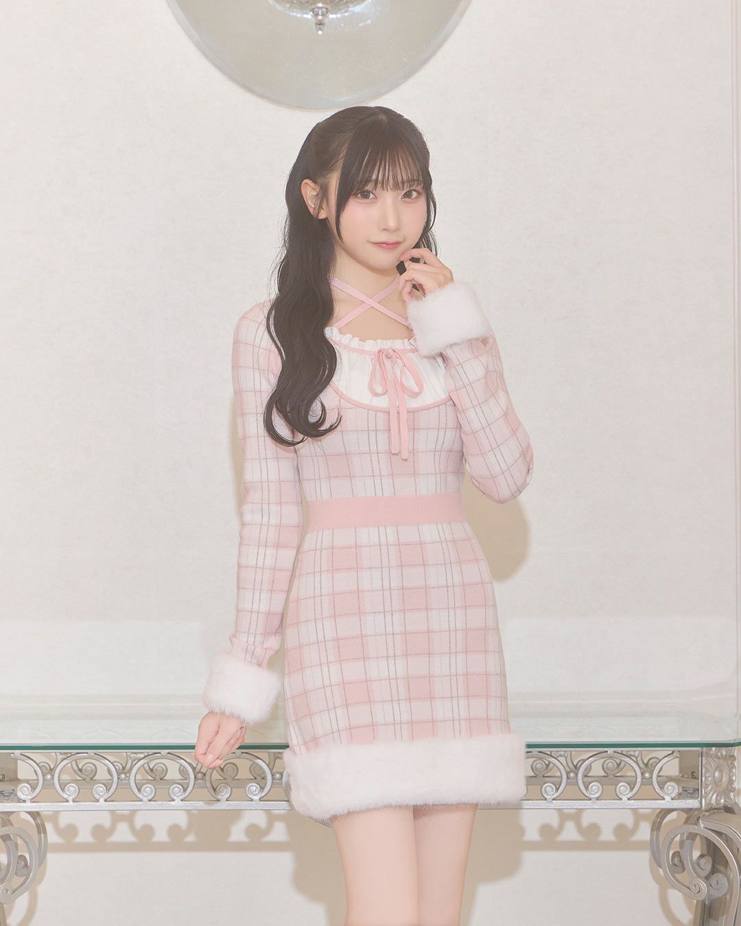 クロスリボンチェックファーワンピ ブラック | ファッション通販