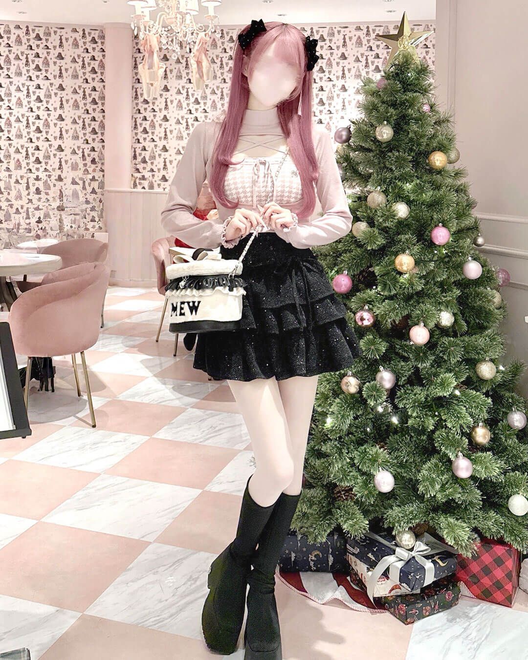 千鳥柄ハイネックアンサンブルトップス ブラック | ファッション通販