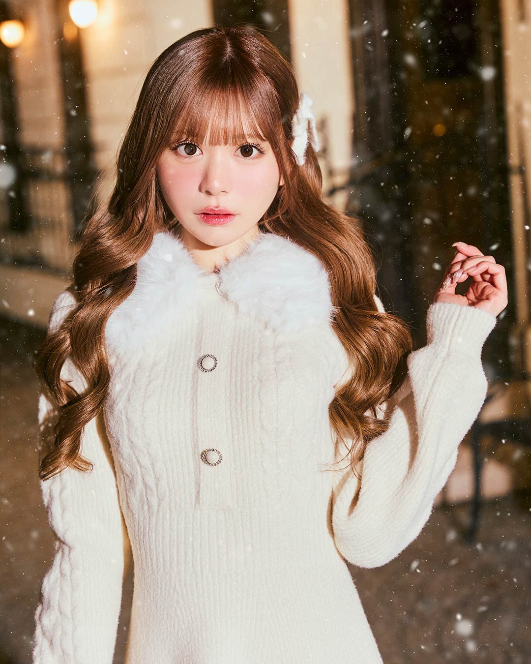 ファーカラーニットワンピース アイボリー | ファッション通販