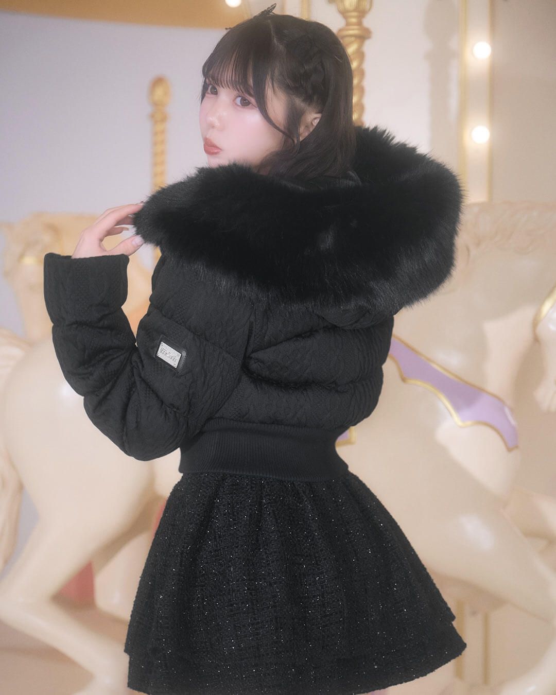 ファーフードケーブル柄ショートダウン ベージュ | ファッション通販