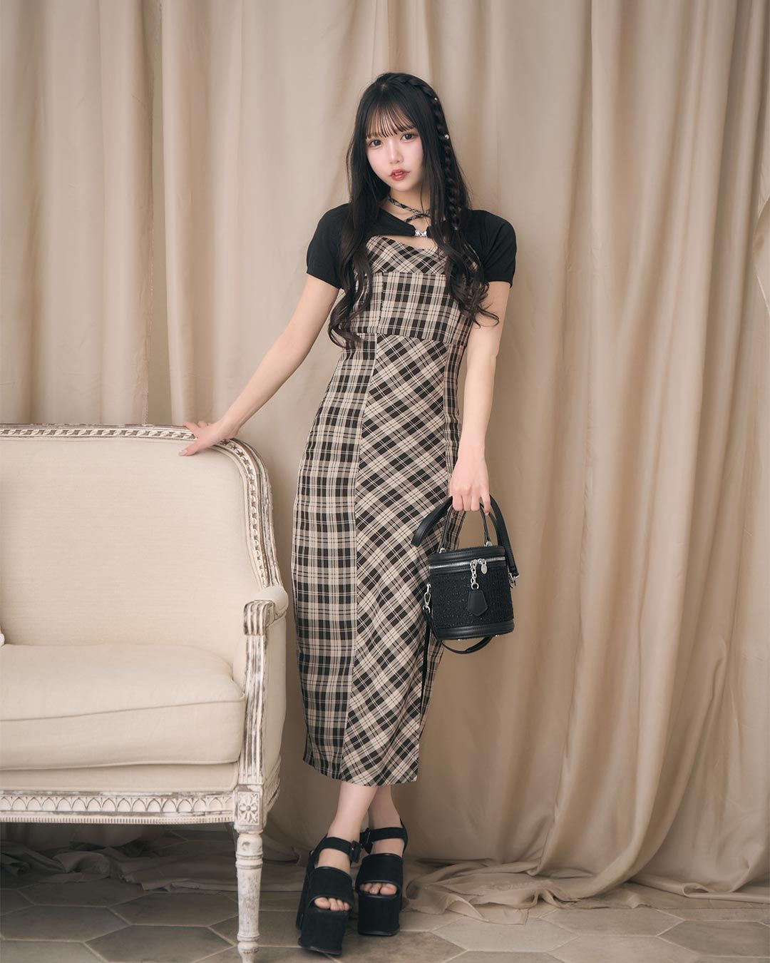 michellMacaron アンサンブルチェックワンピース アンサンブルチェックワンピース ブラウン×ベージュ