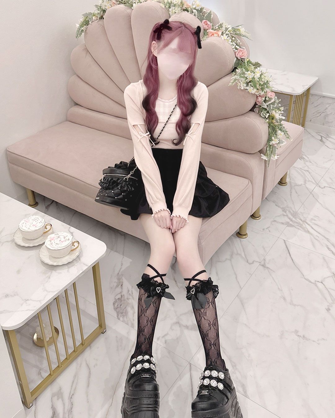 HONEY MEW ハニーミュウ アームリボンスリットギンガムトップス ブラック アームリボンスリットギンガムトップス ブラック | ファッション通販