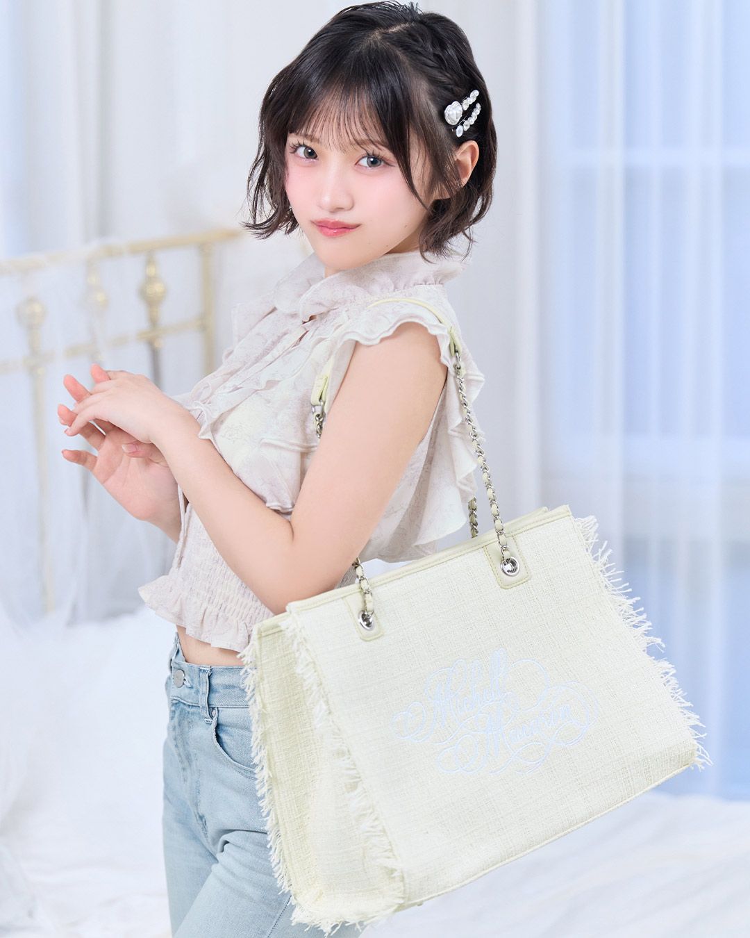 フリンジツイードトートバッグL ピンク | ファッション通販＆メディア