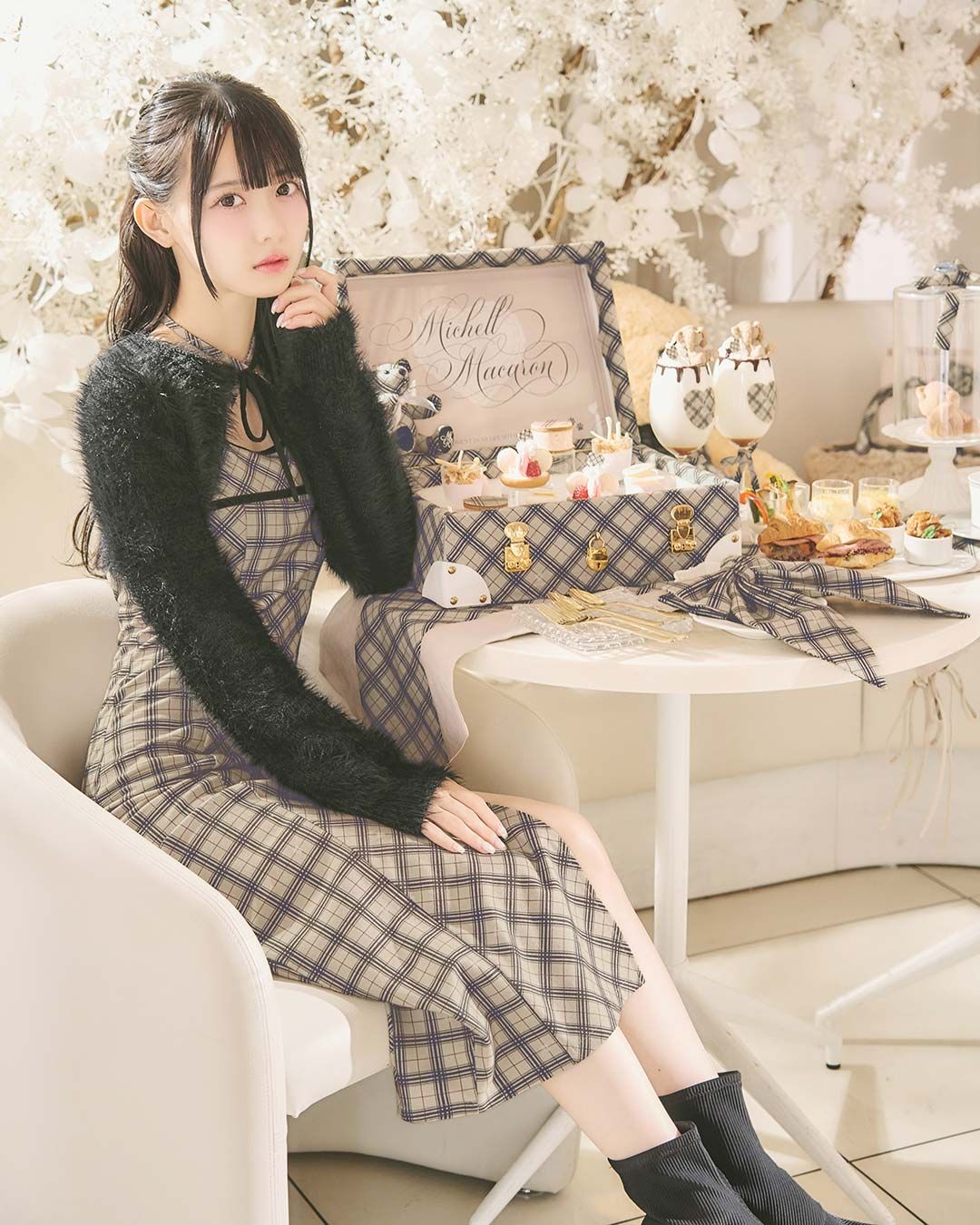 ミシェルマカロン アンサンブルチェックワンピース ベージュ　タグ付き アンサンブルチェックワンピース ベージュ | ファッション通販