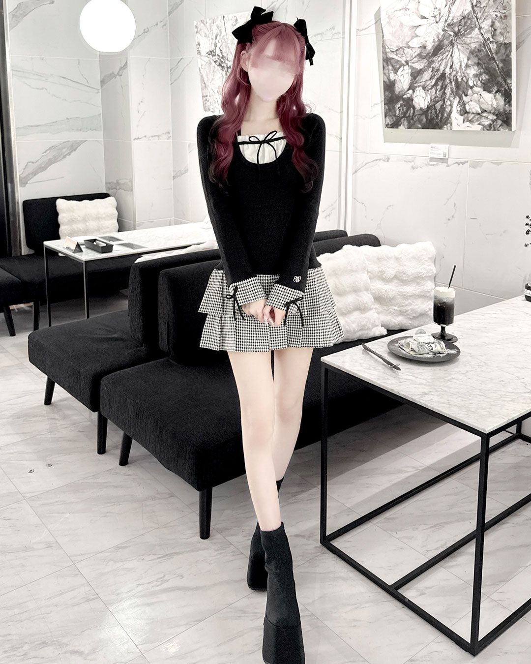 HONEYMEW 千鳥プリーツドッキングワンピース 千鳥プリーツドッキングワンピース ブラック | ファッション通販