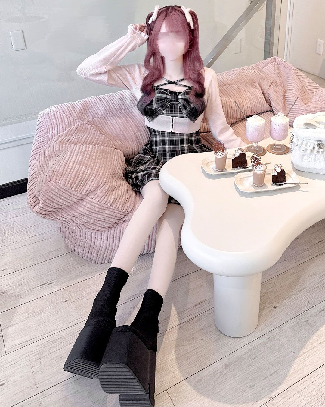 ビッグリボンチェックアンサンブルプリーツワンピース ブラック