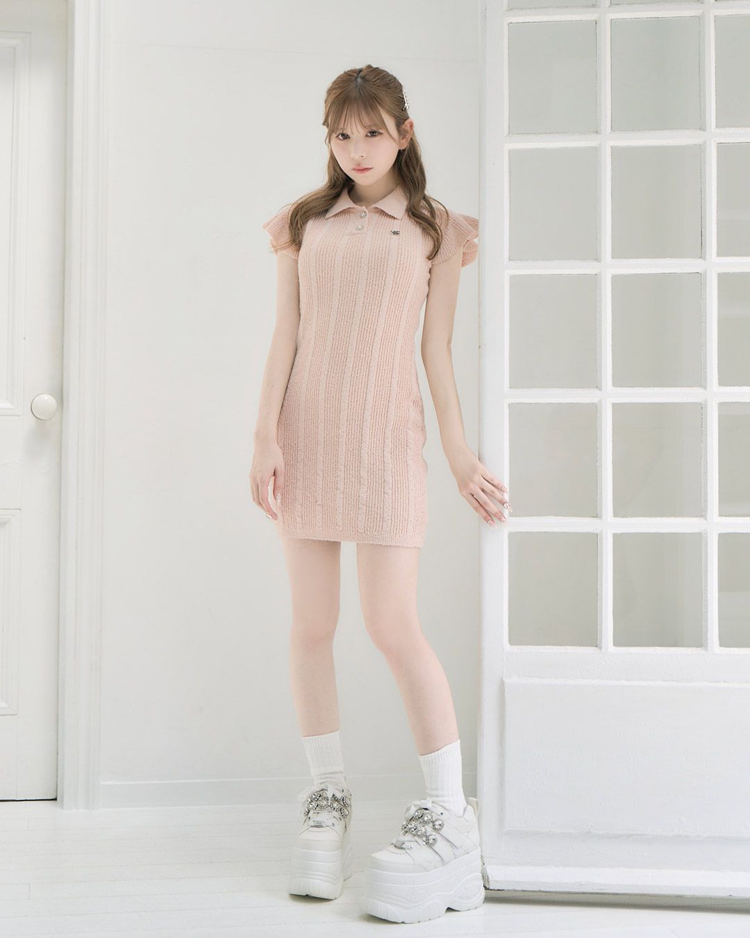 フレアスリーブロゴニットワンピース ピンク | ファッション通販